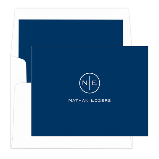 Navy Circle Initials Foldover Note Cards